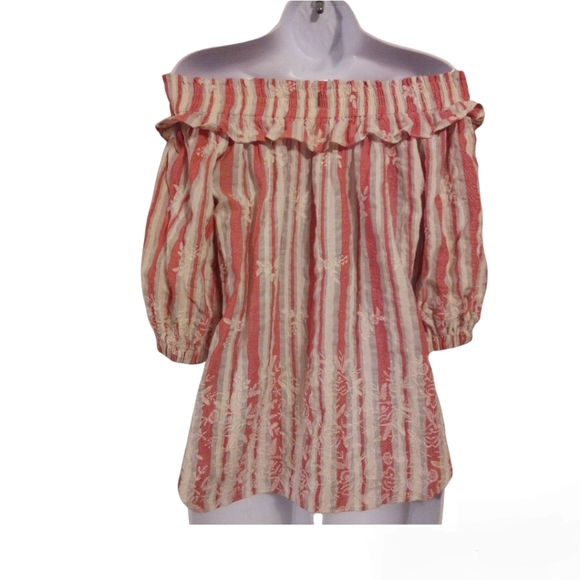MISA Los Angeles Striped Orange & White Off the Shoulder Floral Embroidered Top - Picture 2 of 10